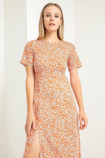 Picture of Viscon Empirme Material Crew Neck flower Patterned Woman Dress Orange