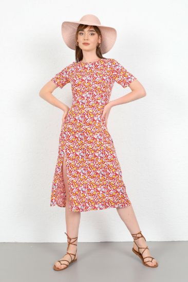 Picture of Viscose Empirme Material Knee Six Size Çıtır flower Patterned Woman Dress Red