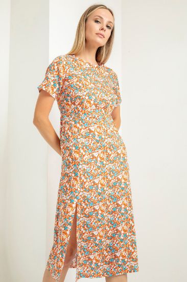 Picture of Viscose Empirme Material Knee Six Size Çıtır flower Patterned Woman Dress Orange