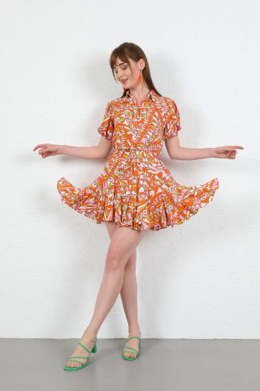 Picture of Viscose Empirme Material Geometric Pattern Etekleri Ruffle Dress Orange