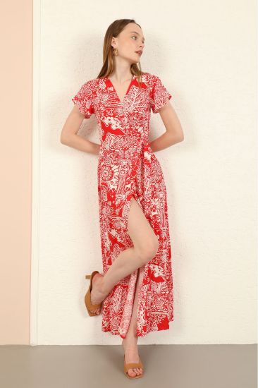 Picture of Viscose Empirme Material Double breasted Neck Melange Patterned Long Maxi Woman Dress Red