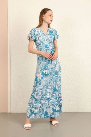 Picture of Viscose Empirme Material Double breasted Neck Melange Patterned Long Maxi Woman Dress Blue