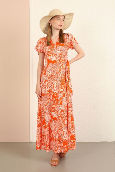 Picture of Viscose Empirme Material Double breasted Neck Melange Patterned Long Maxi Woman Dress Orange