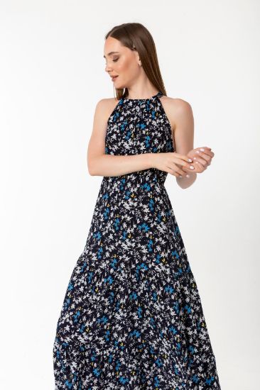 Picture of Viscose Material Strap Halter Neck Çıtır flower Patterned Woman Dress Navy Navy Blue