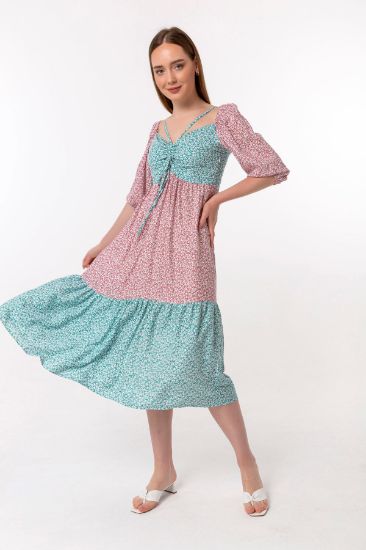 Picture of Viscose Material Belted Neck Comfortable Kalıp flower Patterned Woman Dress Powder