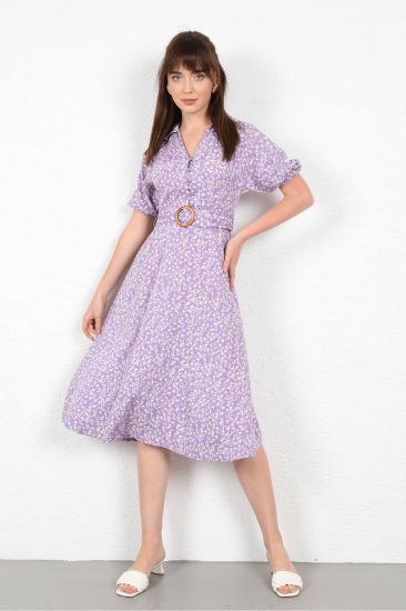 Picture of Viscose Material Çıtır flower Pattern Belted Woman Dress Lilac