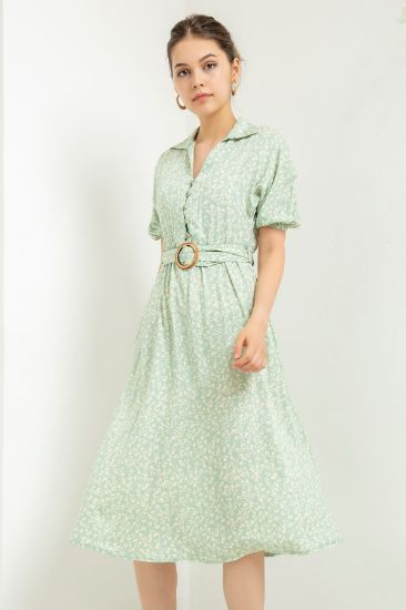 Picture of Viscose Material Çıtır flower Pattern Belted Woman Dress Mint