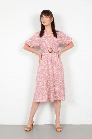 Picture of Viscose Material Çıtır flower Pattern Belted Woman Dress Powder