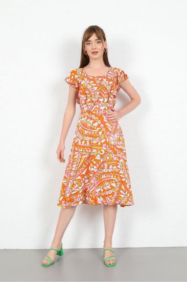 Picture of Viscose Material Geometric Pattern Ruffle Woman Dress Orange