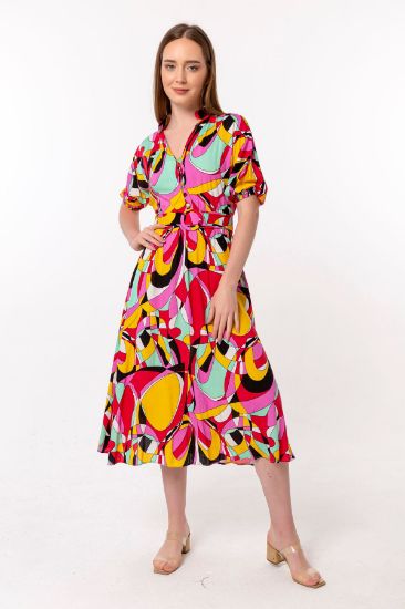 Picture of Viscose Material Shirt Neck Loose Kalıp Colourful Woman Dress Yellow