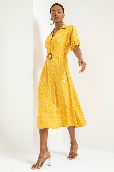 Picture of Viscose Material Shirt Neck Çıtır Pattern handles Elastic Woman Dress Mustard Mustard Yellow