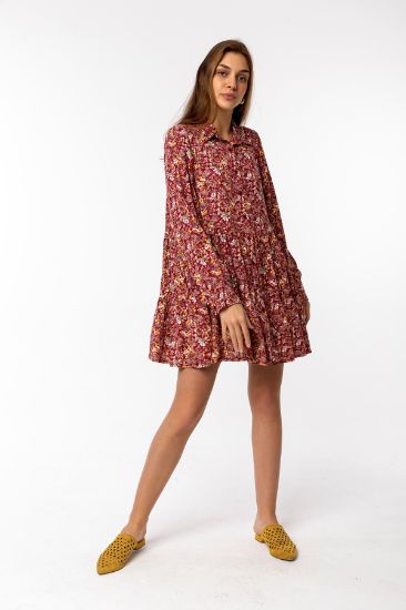 Picture of Viscose Material Shirt Neck Mini Size Loose Kalıp flower Pattern Woman Dress Bordeux Maroon