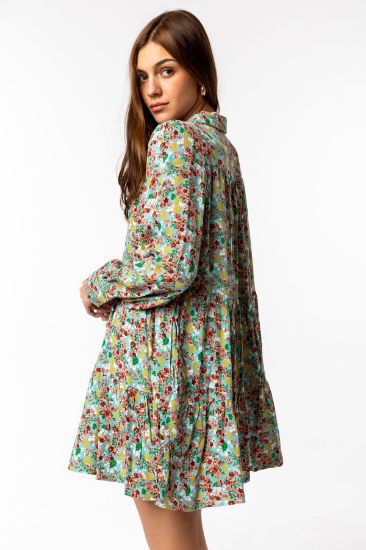 Picture of Viscose Material Shirt Neck Mini Size Loose Kalıp flower Pattern Woman Dress Mint