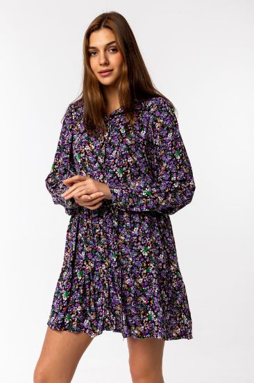 Picture of Viscose Material Shirt Neck Mini Size Loose Kalıp flower Pattern Woman Dress Black