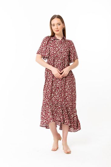 Picture of Viscose Material Shirt Neck Oversize Loose flower Patterned Woman Dress Bordeux Maroon