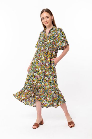 Picture of Viscose Material Shirt Neck Oversize Loose flower Patterned Woman Dress Mustard Mustard Yellow