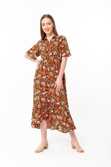 Picture of Viscose Material Shirt Neck Oversize Loose flower Patterned Woman Dress Red