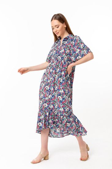 Picture of Viscose Material Shirt Neck Oversize Loose flower Patterned Woman Dress Blue