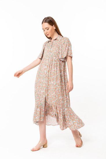 Picture of Viscose Material Shirt Neck Oversize Loose flower Patterned Woman Dress Powder