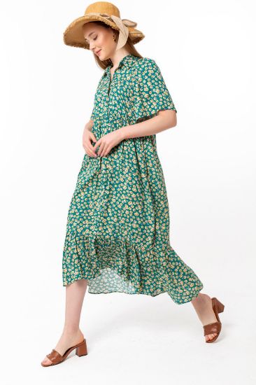 Picture of Viscose Material Shirt Neck Oversize Loose flower Patterned Woman Dress Green