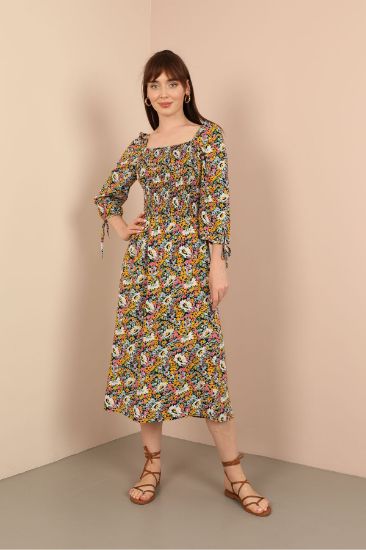 Picture of Viscose Material Square Neck Çıtır flower Patterned Gipeli Woman Dress Mustard Mustard Yellow