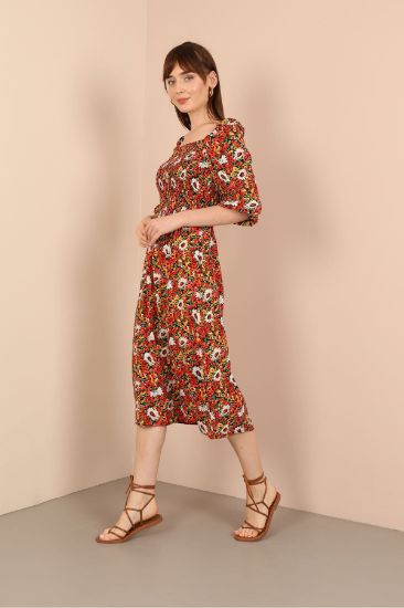 Picture of Viscose Material Square Neck Çıtır flower Patterned Gipeli Woman Dress Red