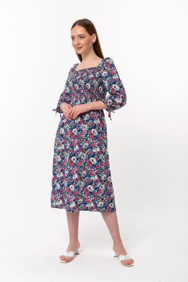 Picture of Viscose Material Square Neck Çıtır flower Patterned Gipeli Woman Dress Blue