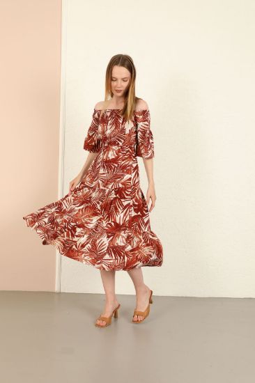 Picture of Viscose Material Boat Neck Midi Size Palmiye Patterned Woman Dress Terra Cotta Tile