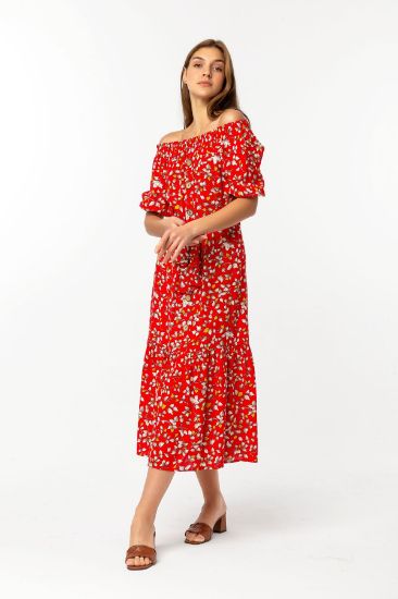 Picture of Viscose Material Boat Neck Comfortable Kalıp flower Pattern Woman Dress Red