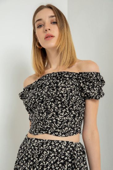 Picture of Viscose Material Short Sleeve Light shouldered flower Pattern Front Shirred Woman Blouse Black