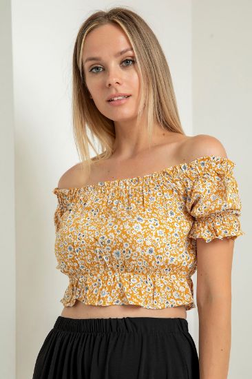 Picture of Viscose Material Short Sleeve Light shouldered Oversize Loose flower Pattern Woman Blouse Mustard Mustard Yellow