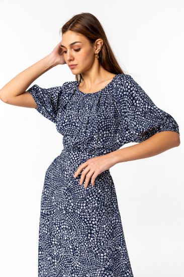 Picture of Viscose Material Short Sleeve Peluş Neck Midi Size Woman Dress Navy Navy Blue