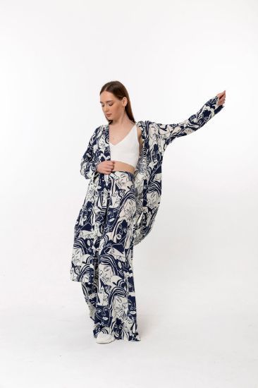 Picture of Viscose Material Long Maxi Sleeve Collarless Oversize Loose Woman Kimonos Navy Navy Blue