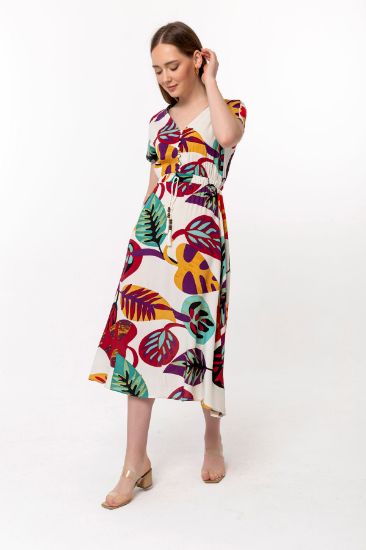 Picture of Viscose Material V Neck Midi Size Loose Kalıp leaf Pattern Woman Dress Bordeux Maroon