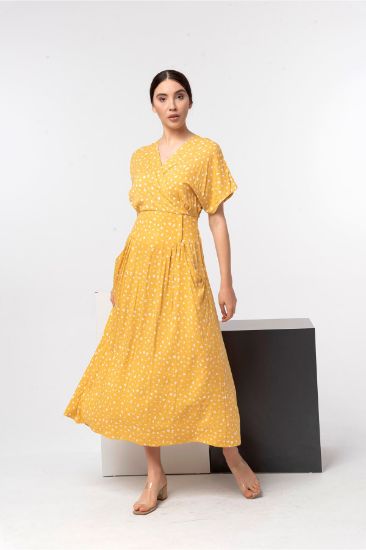 Picture of Viscose Material V Neck Tam Kalıp&#x20; waist Korsajlı Woman Dress Mustard Mustard Yellow