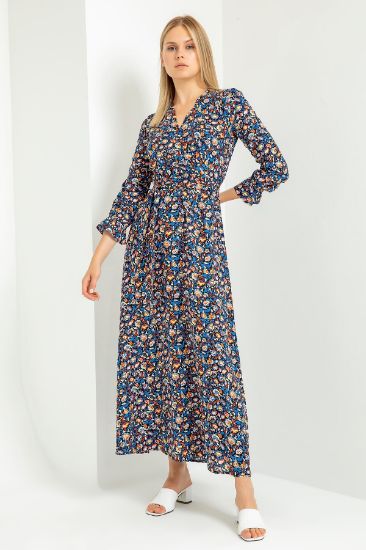 Picture of Viscose Material V Neck Long Maxi Size Düz leaf Pattern Woman Dress Navy Navy Blue