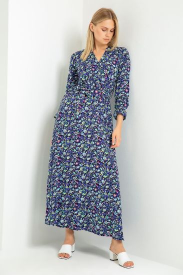 Picture of Viscose Material V Neck Long Maxi Size Düz leaf Pattern Woman Dress Purple