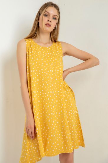 Picture of Viscose Material Infinity Neck Loose Kalıp Çıtır Patterned Woman Dress Mustard Mustard Yellow