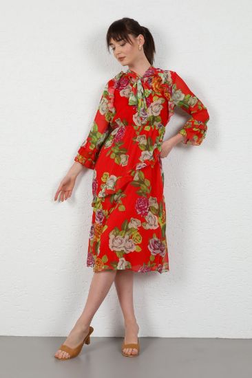 Picture of Yoryo Chiffon Material Sleeve Detail flower Pattern Long Maxi Woman Dress Red