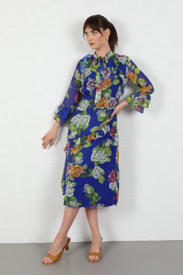 Picture of Yoryo Chiffon Material Sleeve Detail flower Pattern Long Maxi Woman Dress Sax