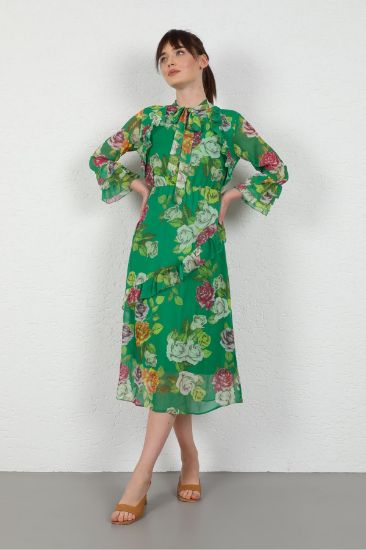 Picture of Yoryo Chiffon Material Sleeve Detail flower Pattern Long Maxi Woman Dress Green